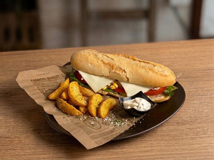 Bocata en pan de baguette con queso, tomate y lechuga, con patatas gajo