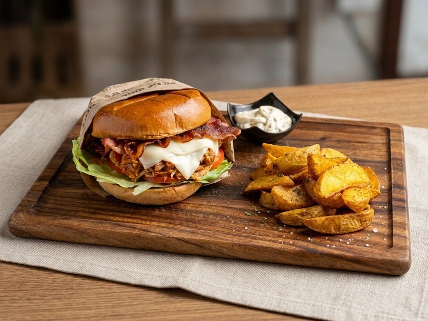 Hamburguesa con bacon, queso fundido y patatas gajo