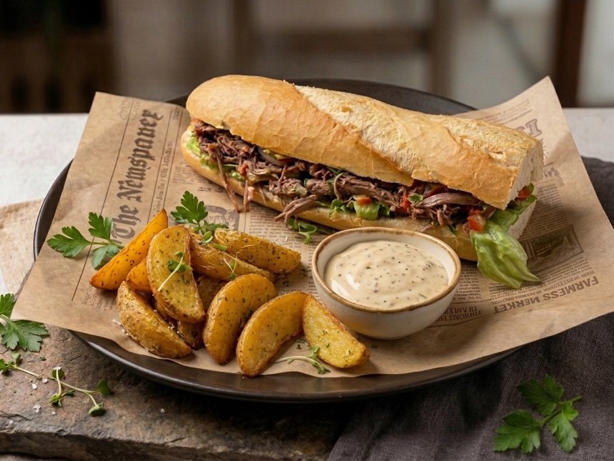 Bocata de res desmechada con crema de queso, cebolla crujiente y lechuga, con patatas gajo