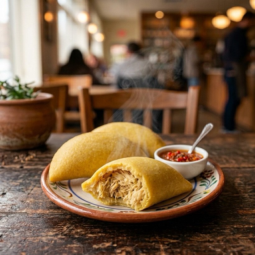 Empanada de pollo abierta, con salsa